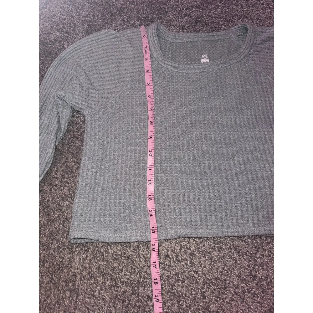 Waffle Knit Cropped Long Sleeve Shirt Womens Size XS Olive Green